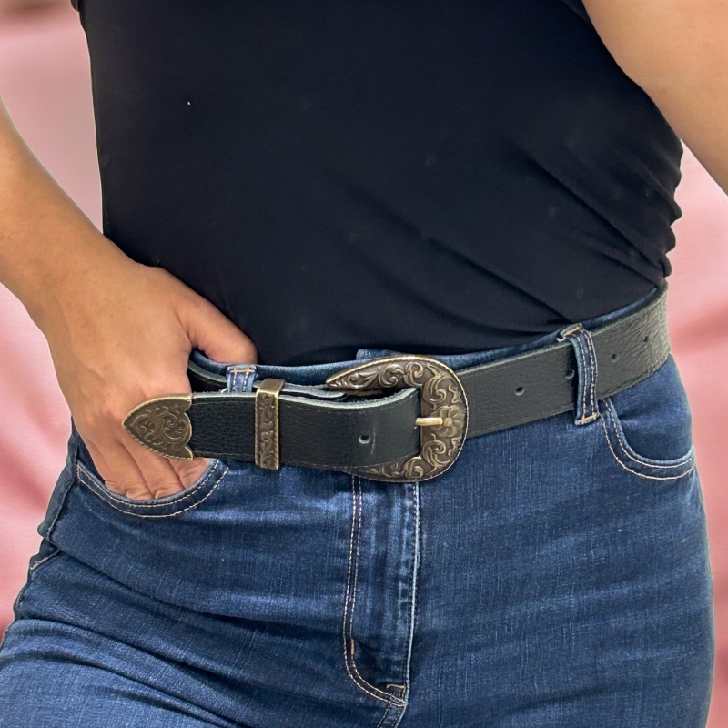 CINTURON FLOR CUERO NEGRO